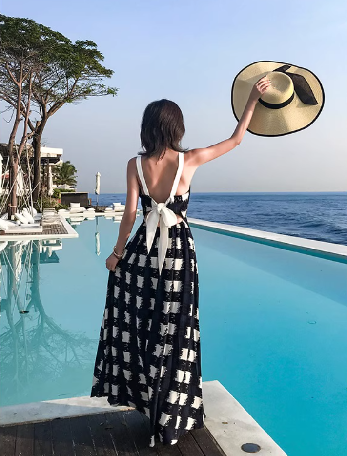 Gen Z Style Checkered Maxi Dress Resort Vacation Spaghetti Strap Long Dress AP1167