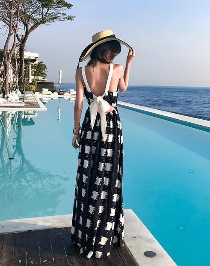 Gen Z Style Checkered Maxi Dress Resort Vacation Spaghetti Strap Long Dress AP1167