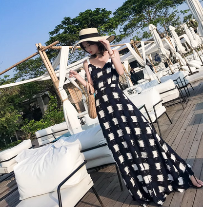 Gen Z Style Checkered Maxi Dress Resort Vacation Spaghetti Strap Long Dress AP1167