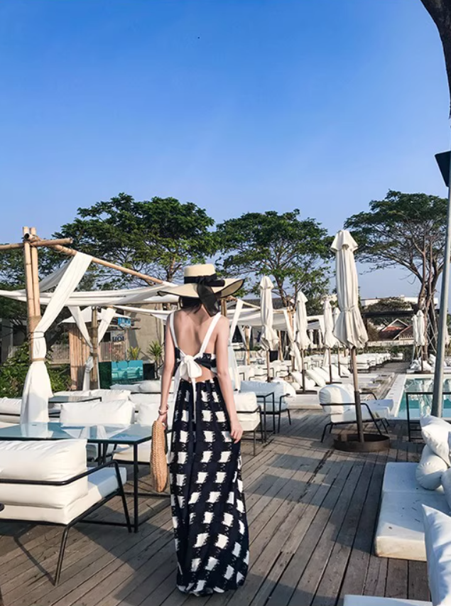 Gen Z Style Checkered Maxi Dress Resort Vacation Spaghetti Strap Long Dress AP1167