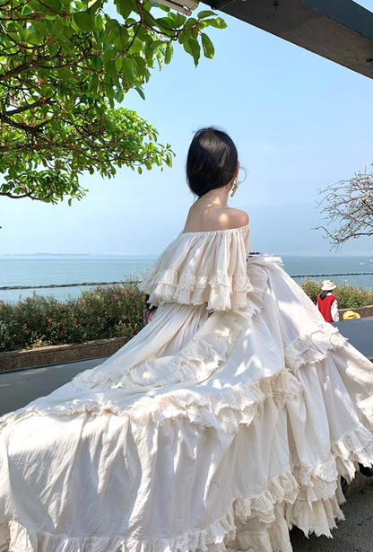 Ethereal Off-Shoulder Tiered Ruffles Maxi Dress Elegant Cream Flowy Silhouette Long Dress AP1168