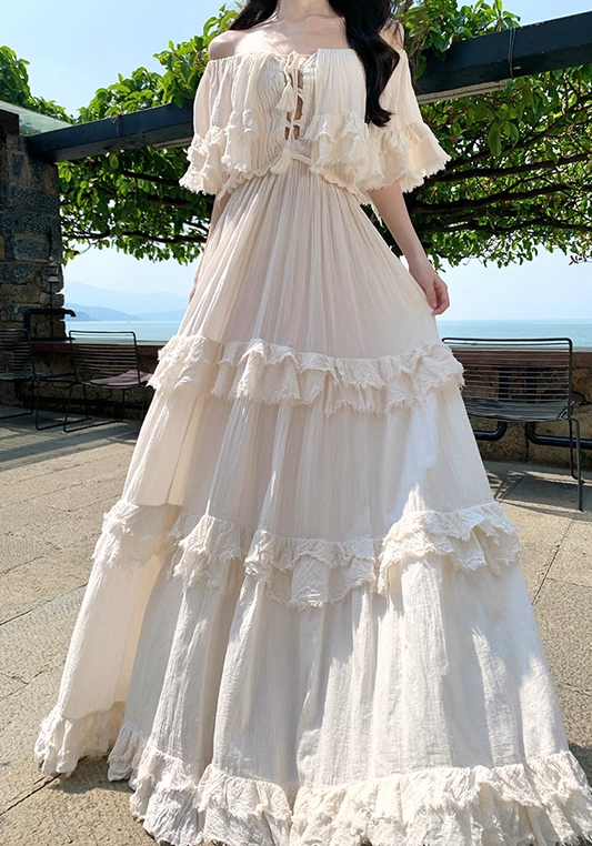 Ethereal Off-Shoulder Tiered Ruffles Maxi Dress Elegant Cream Flowy Silhouette Long Dress AP1168