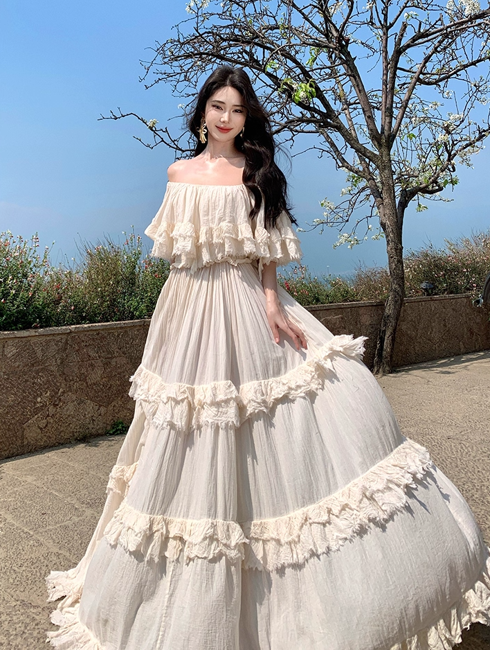 Ethereal Off-Shoulder Tiered Ruffles Maxi Dress Elegant Cream Flowy Silhouette Long Dress AP1168