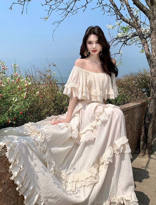 Ethereal Off-Shoulder Tiered Ruffles Maxi Dress Elegant Cream Flowy Silhouette Long Dress AP1168