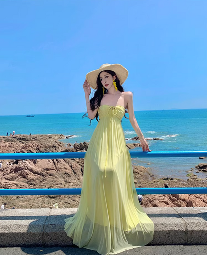 Graceful Adjustable Strap Sheer Tulle Overlay Maxi Dress Breathable Yellow Flowy Long Dress AP1169