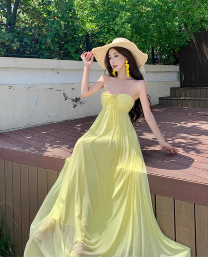 Graceful Adjustable Strap Sheer Tulle Overlay Maxi Dress Breathable Yellow Flowy Long Dress AP1169