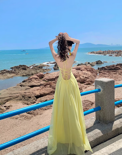 Graceful Adjustable Strap Sheer Tulle Overlay Maxi Dress Breathable Yellow Flowy Long Dress AP1169