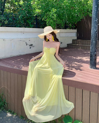 Graceful Adjustable Strap Sheer Tulle Overlay Maxi Dress Breathable Yellow Flowy Long Dress AP1169