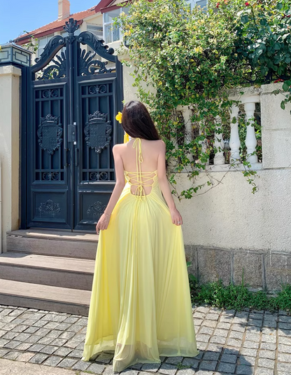 Graceful Adjustable Strap Sheer Tulle Overlay Maxi Dress Breathable Yellow Flowy Long Dress AP1169