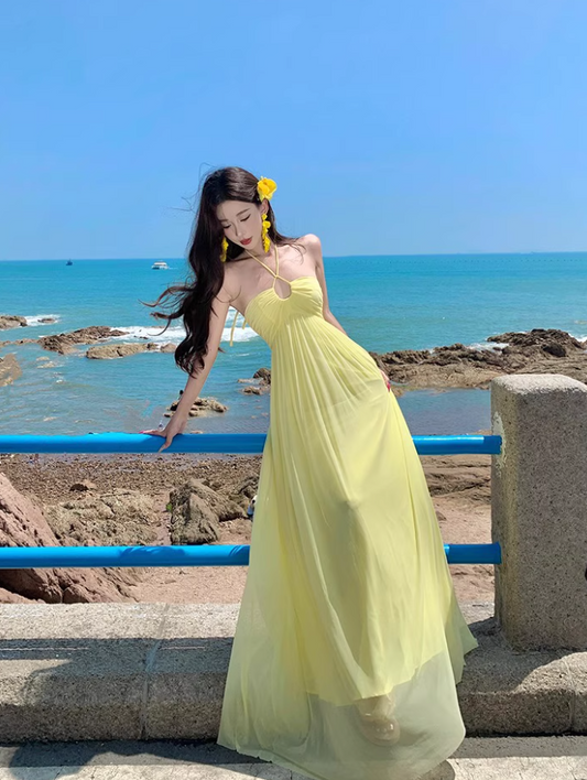 Graceful Adjustable Strap Sheer Tulle Overlay Maxi Dress Breathable Yellow Flowy Long Dress AP1169