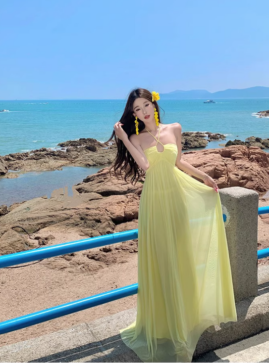 Graceful Adjustable Strap Sheer Tulle Overlay Maxi Dress Breathable Yellow Flowy Long Dress AP1169