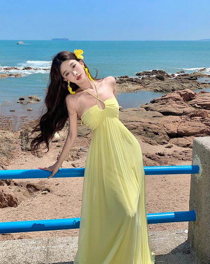 Graceful Adjustable Strap Sheer Tulle Overlay Maxi Dress Breathable Yellow Flowy Long Dress AP1169