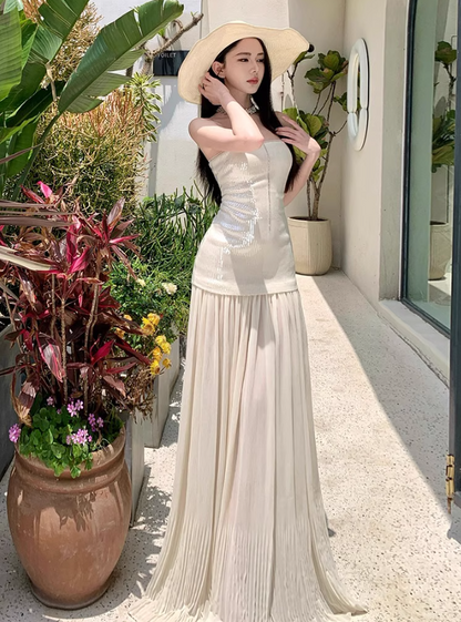 Glam Resort Outfit Sequin Glittering Maxi Dress Flowy Sheer Tulle Splicing Strapless Long Dress AP1170
