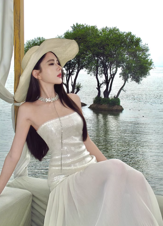 Glam Resort Outfit Sequin Glittering Maxi Dress Flowy Sheer Tulle Splicing Strapless Long Dress AP1170