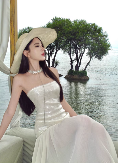 Glam Resort Outfit Sequin Glittering Maxi Dress Flowy Sheer Tulle Splicing Strapless Long Dress AP1170