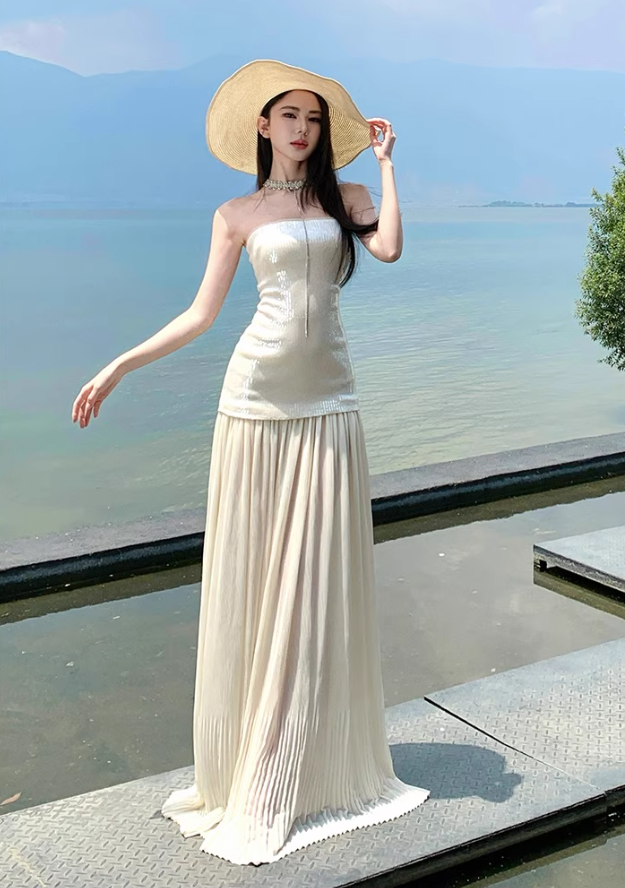 Glam Resort Outfit Sequin Glittering Maxi Dress Flowy Sheer Tulle Splicing Strapless Long Dress AP1170