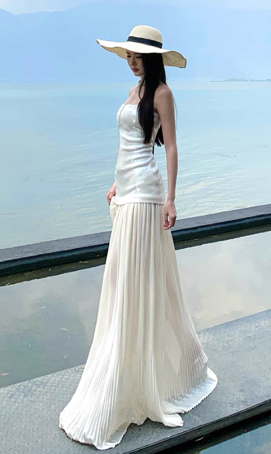 Glam Resort Outfit Sequin Glittering Maxi Dress Flowy Sheer Tulle Splicing Strapless Long Dress AP1170