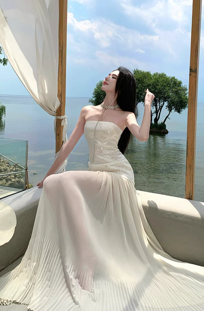 Glam Resort Outfit Sequin Glittering Maxi Dress Flowy Sheer Tulle Splicing Strapless Long Dress AP1170