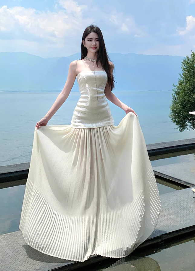 Glam Resort Outfit Sequin Glittering Maxi Dress Flowy Sheer Tulle Splicing Strapless Long Dress AP1170