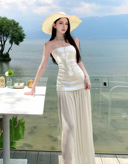 Glam Resort Outfit Sequin Glittering Maxi Dress Flowy Sheer Tulle Splicing Strapless Long Dress AP1170