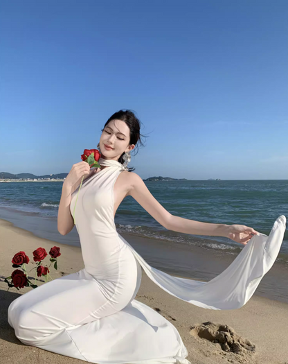 Fancy Summer Beach Outfit One Shoulder Maxi Dress Ring Design Flowy Ribbon Sheath Long Dress AP1171
