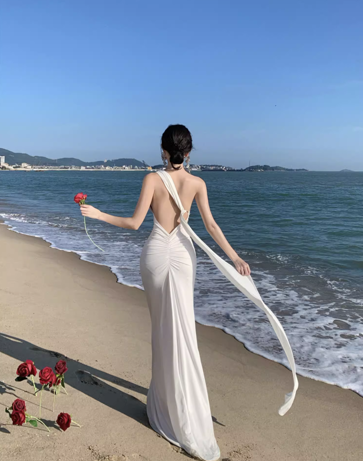 Fancy Summer Beach Outfit One Shoulder Maxi Dress Ring Design Flowy Ribbon Sheath Long Dress AP1171