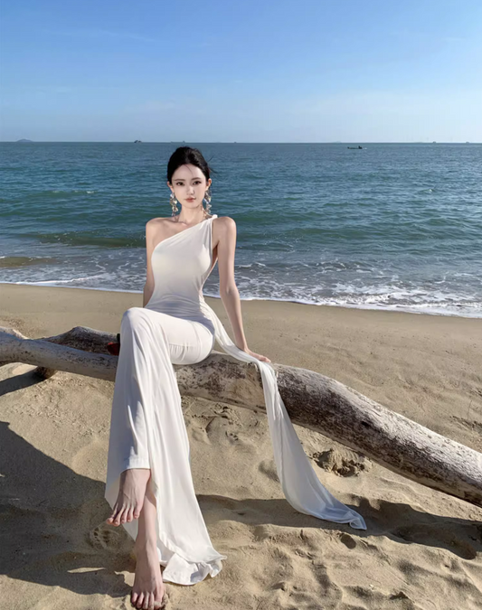 Fancy Summer Beach Outfit One Shoulder Maxi Dress Ring Design Flowy Ribbon Sheath Long Dress AP1171