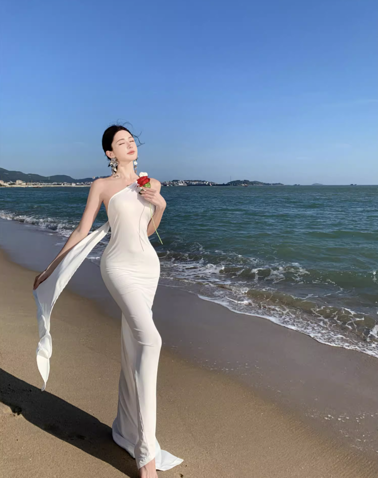 Fancy Summer Beach Outfit One Shoulder Maxi Dress Ring Design Flowy Ribbon Sheath Long Dress AP1171