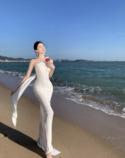 Fancy Summer Beach Outfit One Shoulder Maxi Dress Ring Design Flowy Ribbon Sheath Long Dress AP1171
