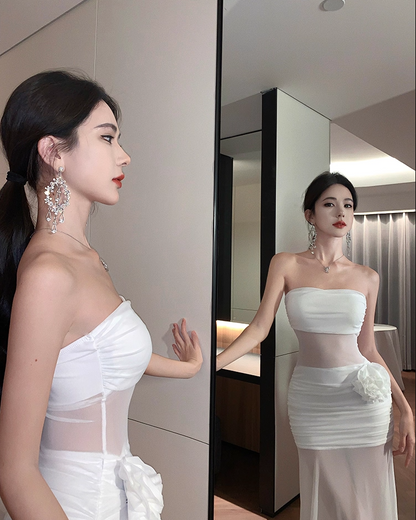 Sexy Sheer-Inset Everyday Wear Maxi Dress Strapless Flower-Trimmed Sheath Long Dress AP1172