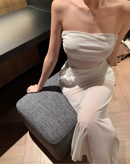 Sexy Sheer-Inset Everyday Wear Maxi Dress Strapless Flower-Trimmed Sheath Long Dress AP1172