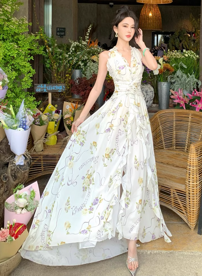 New Arrival V-Neck Backless Floral Printed Maxi Dress Casual High-Slit Ruffles Halter Long Dress AP1173