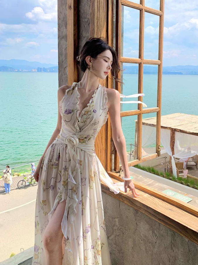 New Arrival V-Neck Backless Floral Printed Maxi Dress Casual High-Slit Ruffles Halter Long Dress AP1173