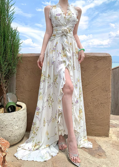 New Arrival V-Neck Backless Floral Printed Maxi Dress Casual High-Slit Ruffles Halter Long Dress AP1173