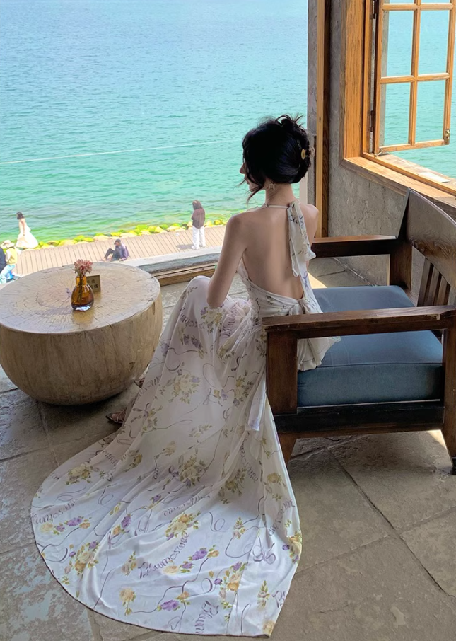 New Arrival V-Neck Backless Floral Printed Maxi Dress Casual High-Slit Ruffles Halter Long Dress AP1173