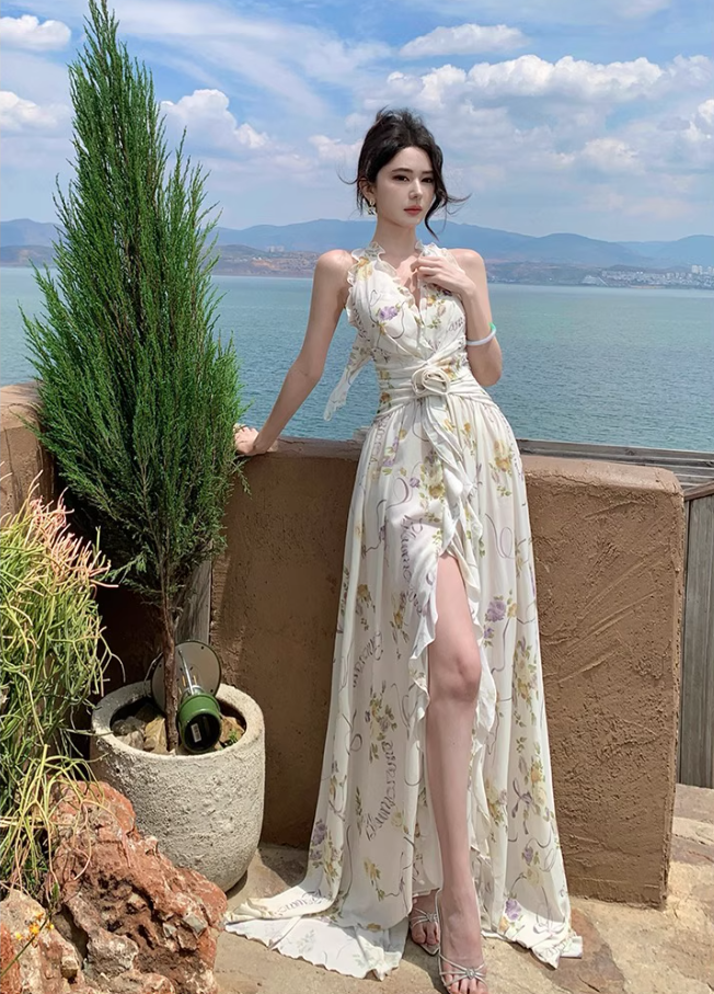 New Arrival V-Neck Backless Floral Printed Maxi Dress Casual High-Slit Ruffles Halter Long Dress AP1173