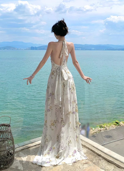 New Arrival V-Neck Backless Floral Printed Maxi Dress Casual High-Slit Ruffles Halter Long Dress AP1173