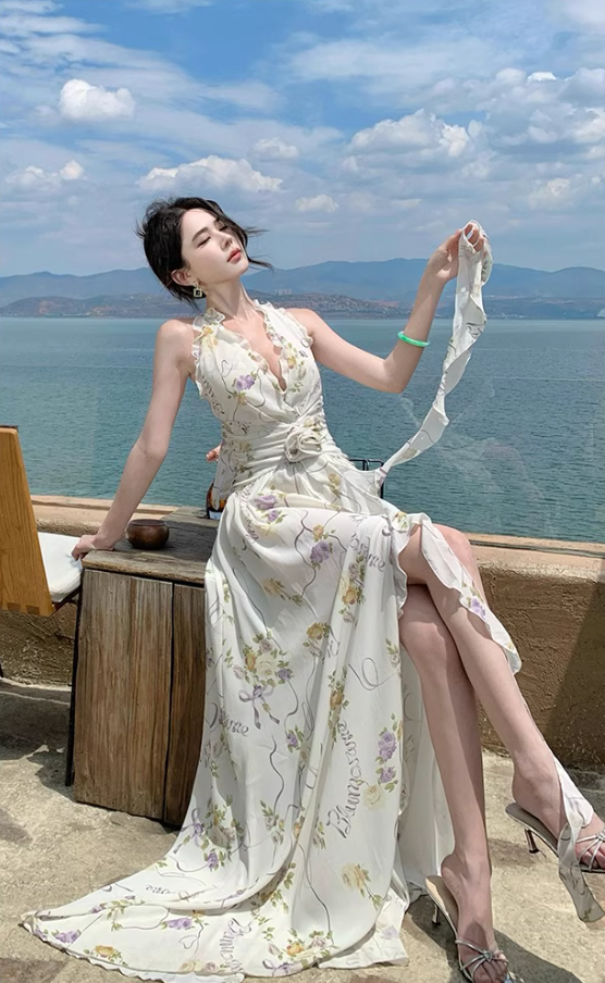 New Arrival V-Neck Backless Floral Printed Maxi Dress Casual High-Slit Ruffles Halter Long Dress AP1173