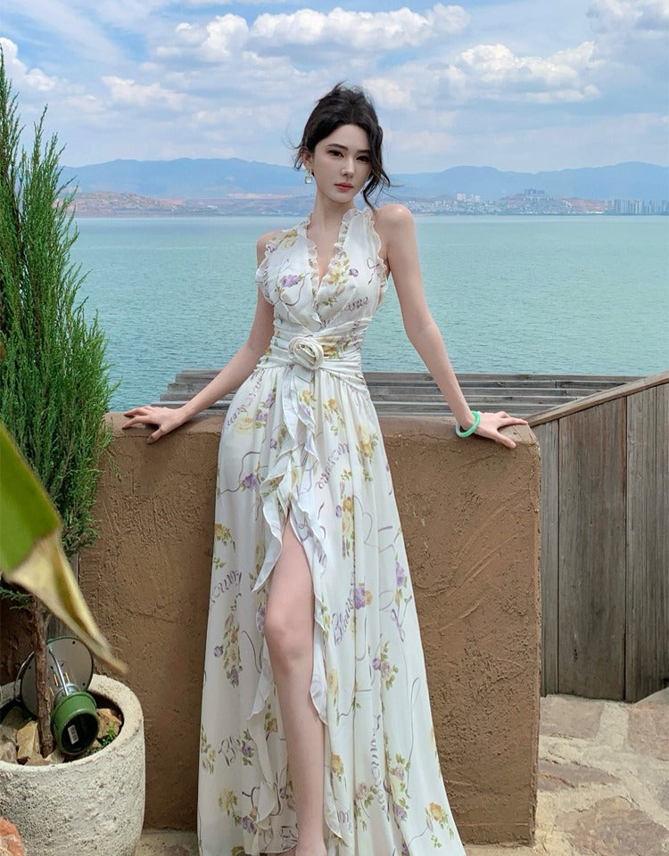 New Arrival V-Neck Backless Floral Printed Maxi Dress Casual High-Slit Ruffles Halter Long Dress AP1173