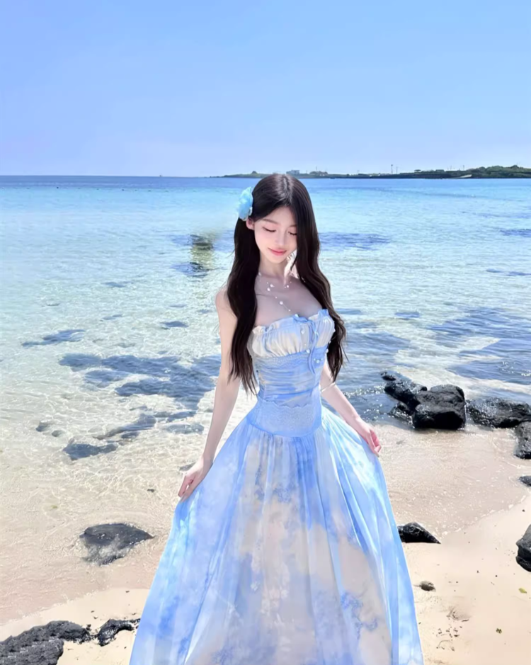 Charming Sheer-Inset Tie-Dye Maxi Dress Casual Draped Flowy Backless Halter Long Dress AP1174