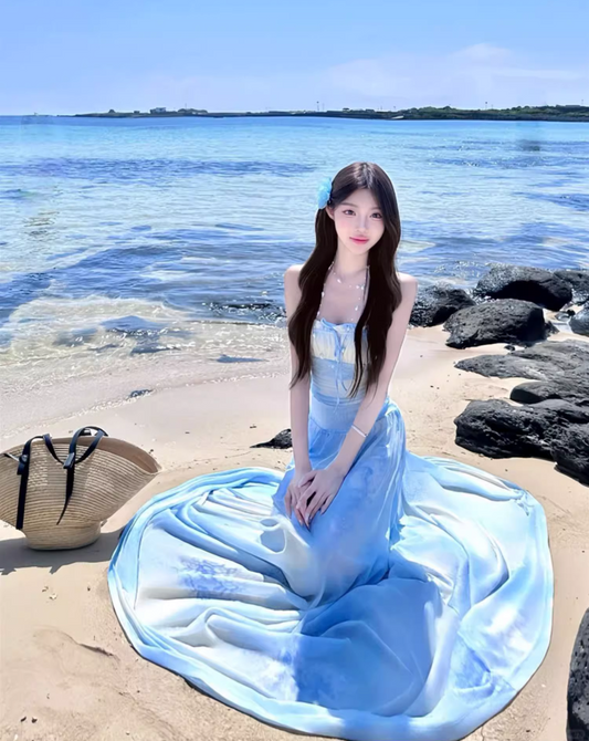 Charming Sheer-Inset Tie-Dye Maxi Dress Casual Draped Flowy Backless Halter Long Dress AP1174