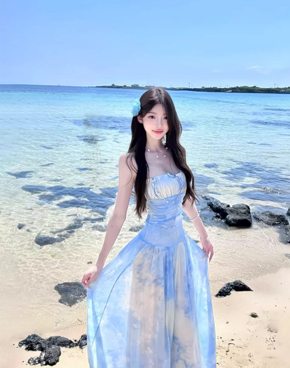 Charming Sheer-Inset Tie-Dye Maxi Dress Casual Draped Flowy Backless Halter Long Dress AP1174