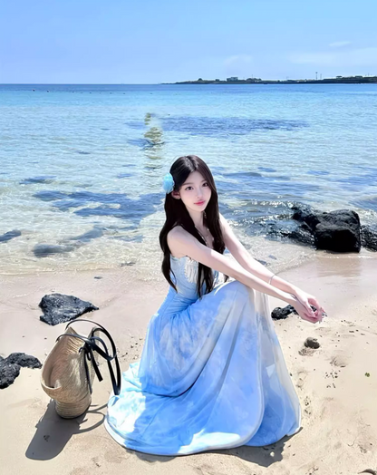 Charming Sheer-Inset Tie-Dye Maxi Dress Casual Draped Flowy Backless Halter Long Dress AP1174