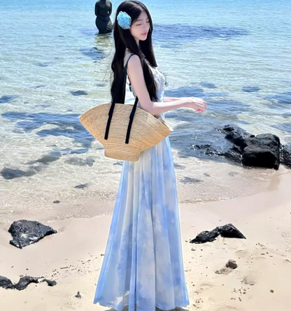 Charming Sheer-Inset Tie-Dye Maxi Dress Casual Draped Flowy Backless Halter Long Dress AP1174