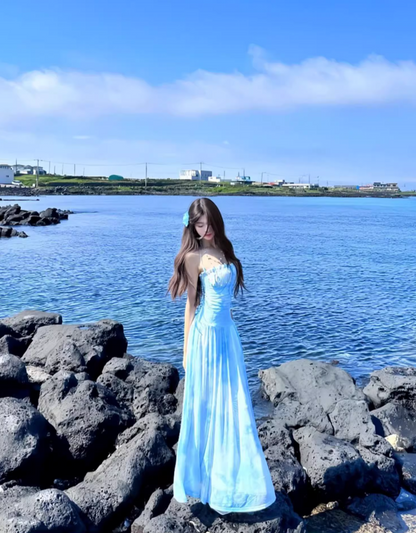 Charming Sheer-Inset Tie-Dye Maxi Dress Casual Draped Flowy Backless Halter Long Dress AP1174