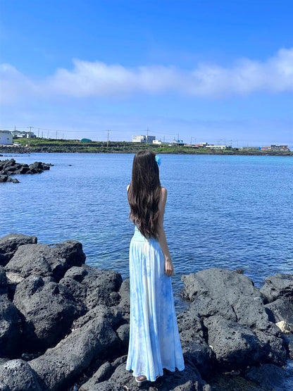 Charming Sheer-Inset Tie-Dye Maxi Dress Casual Draped Flowy Backless Halter Long Dress AP1174