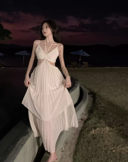 Novelty Tulle Layered Open-Waist Maxi Dress Romantic Flowy Pressed Pleat Backless Halter Long Dress AP1175