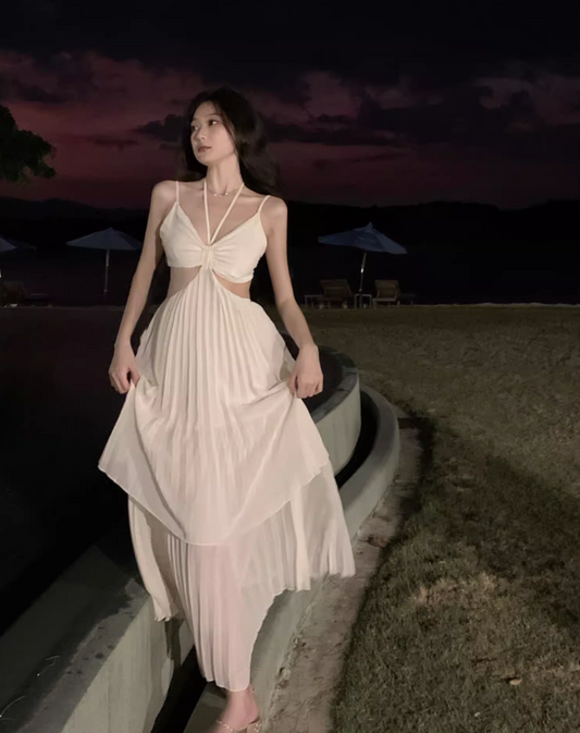 Novelty Tulle Layered Open-Waist Maxi Dress Romantic Flowy Pressed Pleat Backless Halter Long Dress AP1175