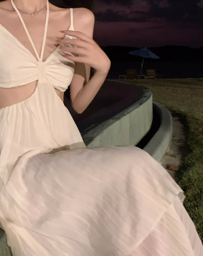 Novelty Tulle Layered Open-Waist Maxi Dress Romantic Flowy Pressed Pleat Backless Halter Long Dress AP1175