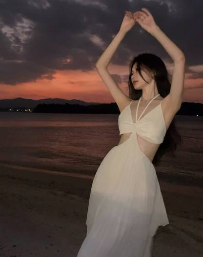 Novelty Tulle Layered Open-Waist Maxi Dress Romantic Flowy Pressed Pleat Backless Halter Long Dress AP1175